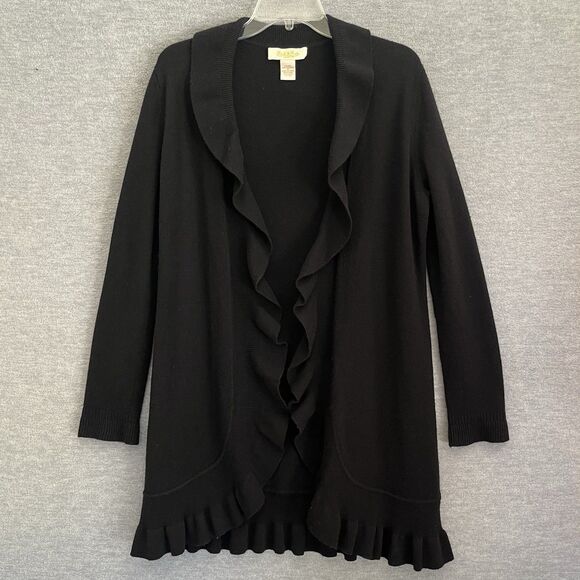 Peck & Peck Wool Cashmere Cardigan Sweater Size M Black Ruffles Frills Longline - Picture 4 of 12